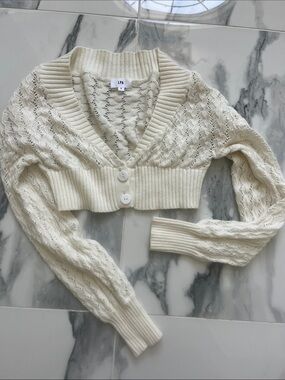LPA Cream Cropped Open-Knit Button Cardigan